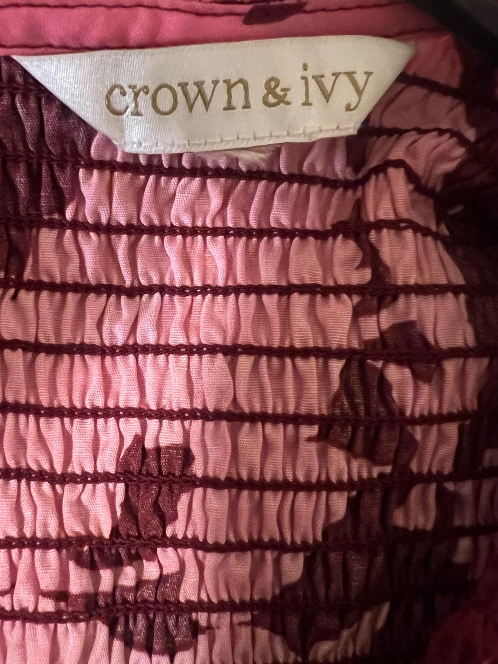 Crown & Ivy - Pink and Burgundy Floral Smocked Peplum Blouse - Size XL - Picture 3 of 4